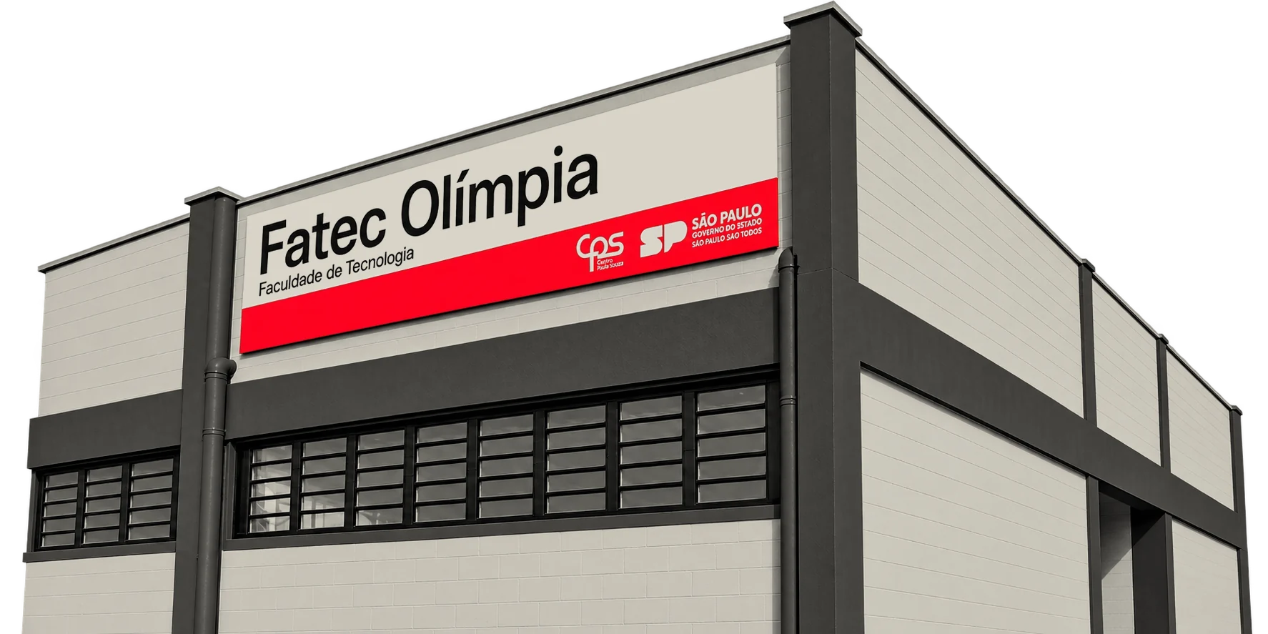 Fachada da Fatec Olímpia recortada: prédio de blocos de concreto com a placa Fatec Olímpia, em preto e branco com a faixa vermelha da placa em cor